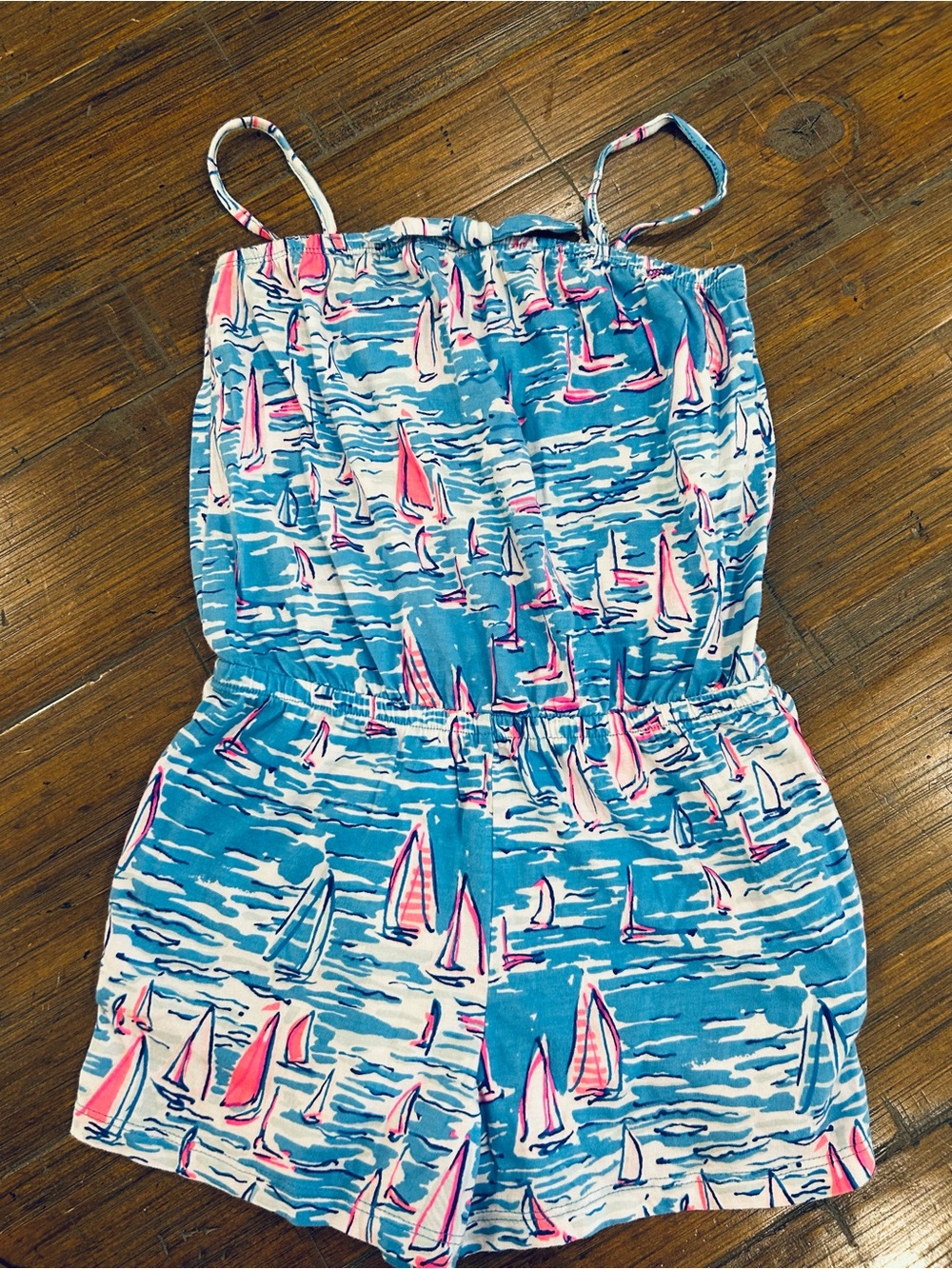 Lilly Pulitzer Girls M Romper Zanzibar Blue Boatylicious pattern.